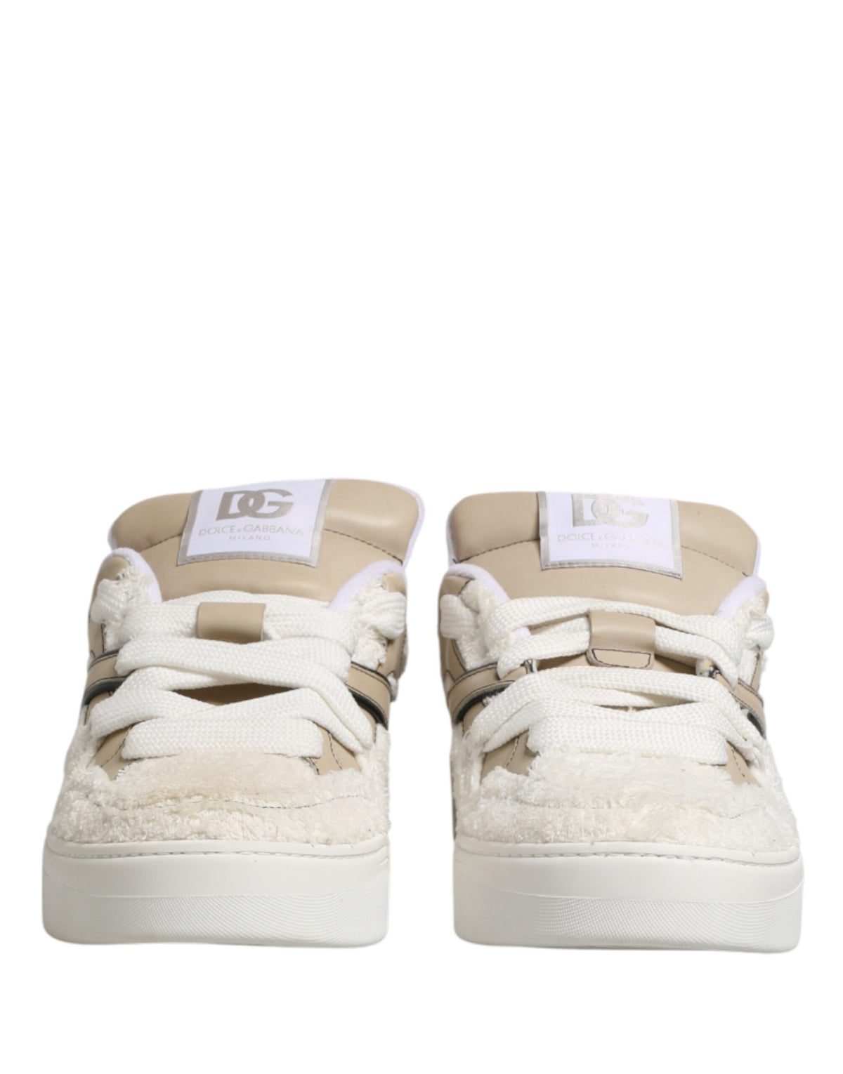 Dolce & Gabbana Weiße Beige Kunstlammfell Sneaker Niedrige Schnürschuhe