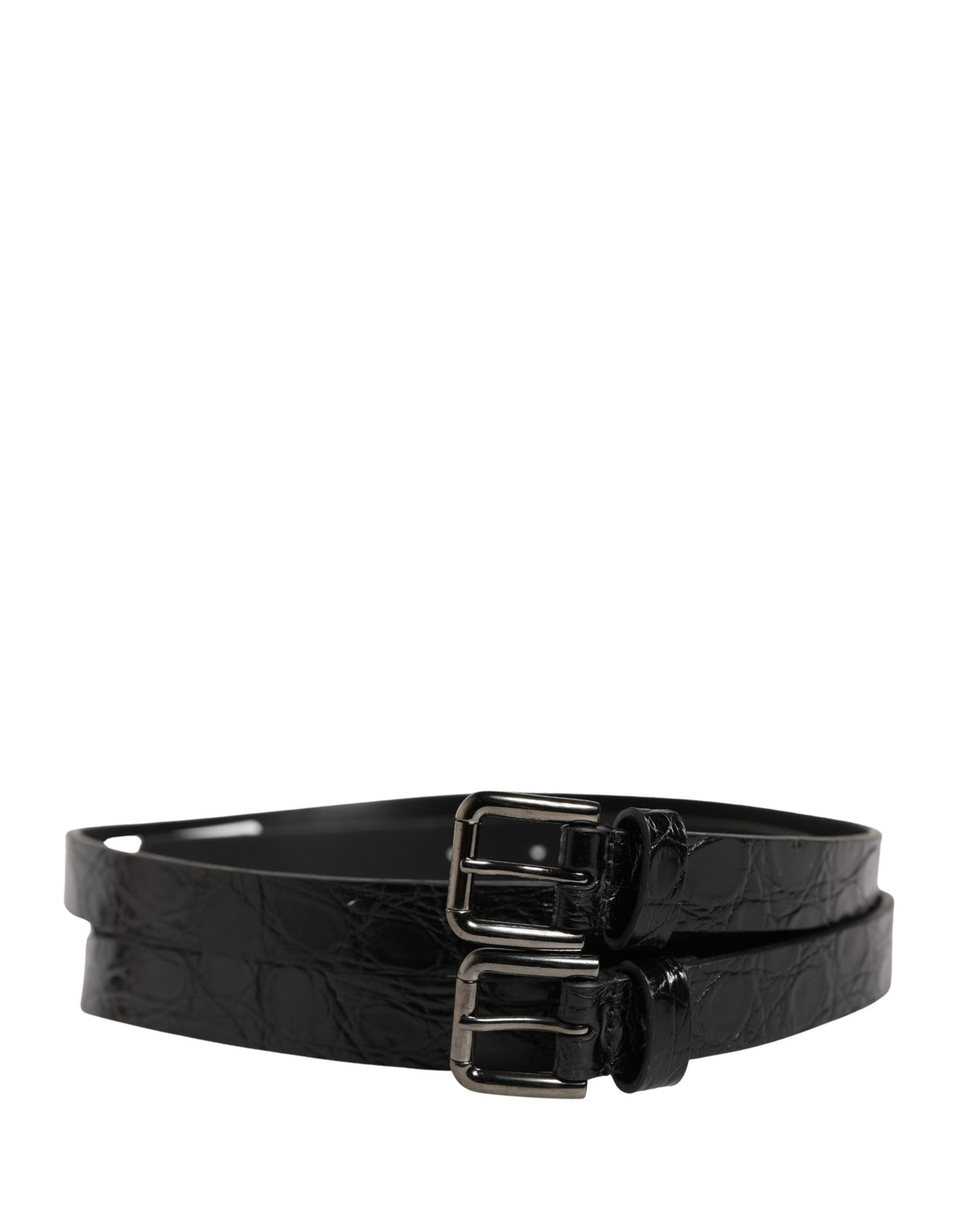 Dolce & Gabbana Schwarzer Ledergürtel mit Doppelriemen und silberner Schnalle