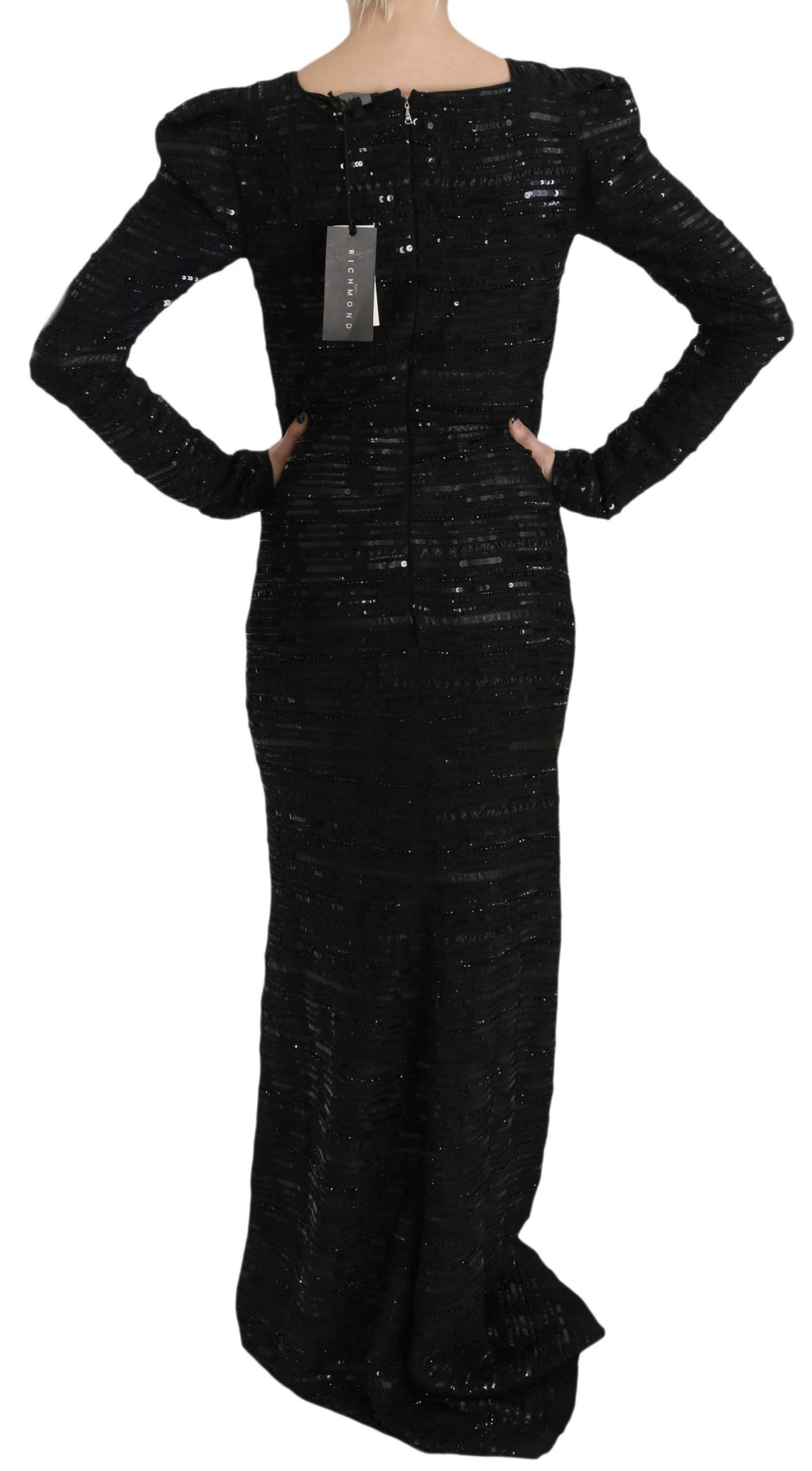 John Richmond Schwarzes Seidenkleid in voller Länge mit Pailletten