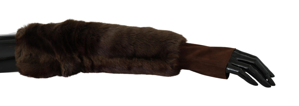 Dolce & Gabbana Braune ellenbogenlange fingerlose Pelzhandschuhe