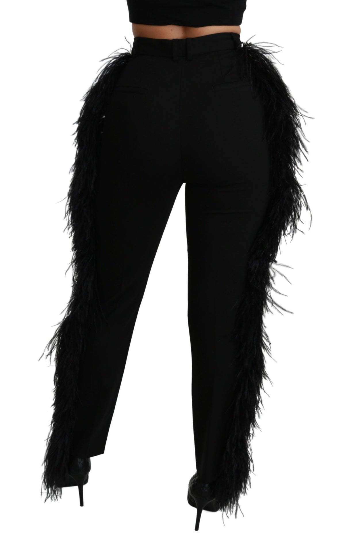 Dolce & Gabbana Schwarze Federhosen mit hoher Taille aus Wolle