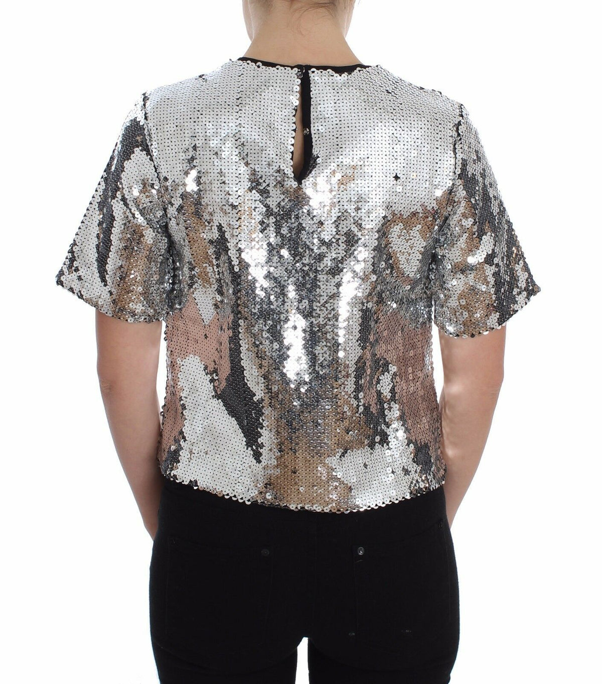 Dolce & Gabbana Silberne paillettenbesetzte Bluse mit Rundhalsausschnitt T-shirt Top