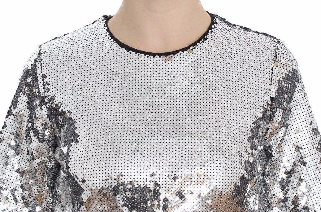 Dolce & Gabbana Silberne paillettenbesetzte Bluse mit Rundhalsausschnitt T-shirt Top