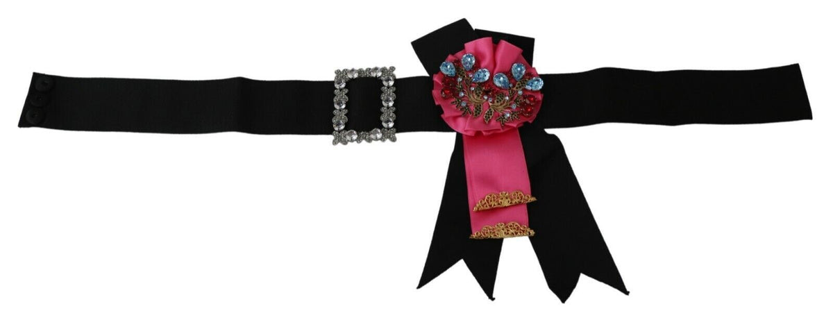Dolce & Gabbana Schwarz Rosa Blume Brosche Kristalle Baumwollgürtel