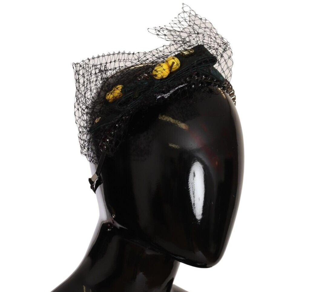 Dolce & Gabbana Silber Tiara Kristalle Früchte Schwarz Mesh Diadem Stirnband
