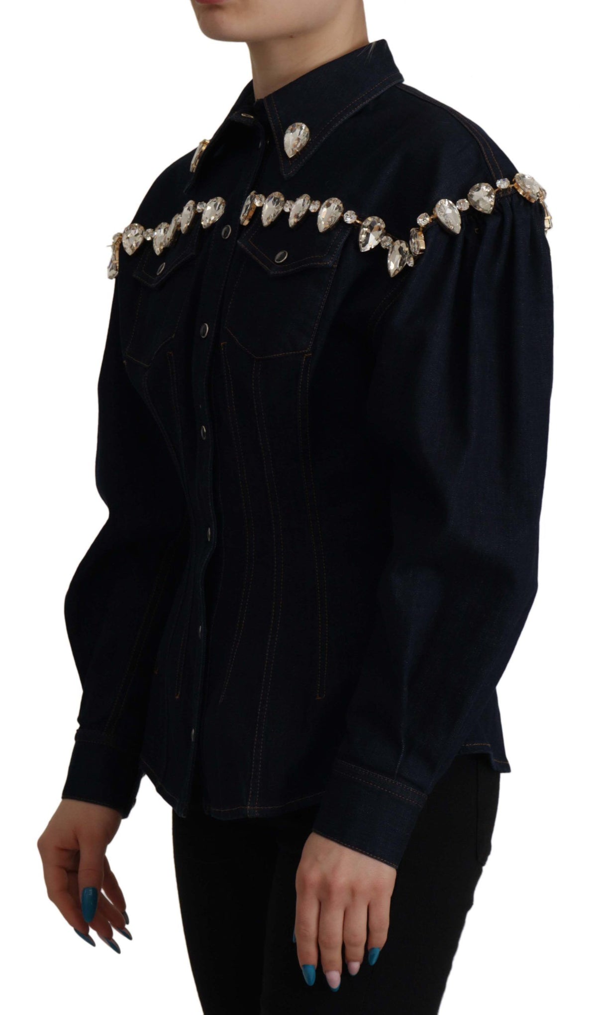 Dolce & Gabbana Blaue Denim Jacke aus Baumwolle mit Kristallverzierung