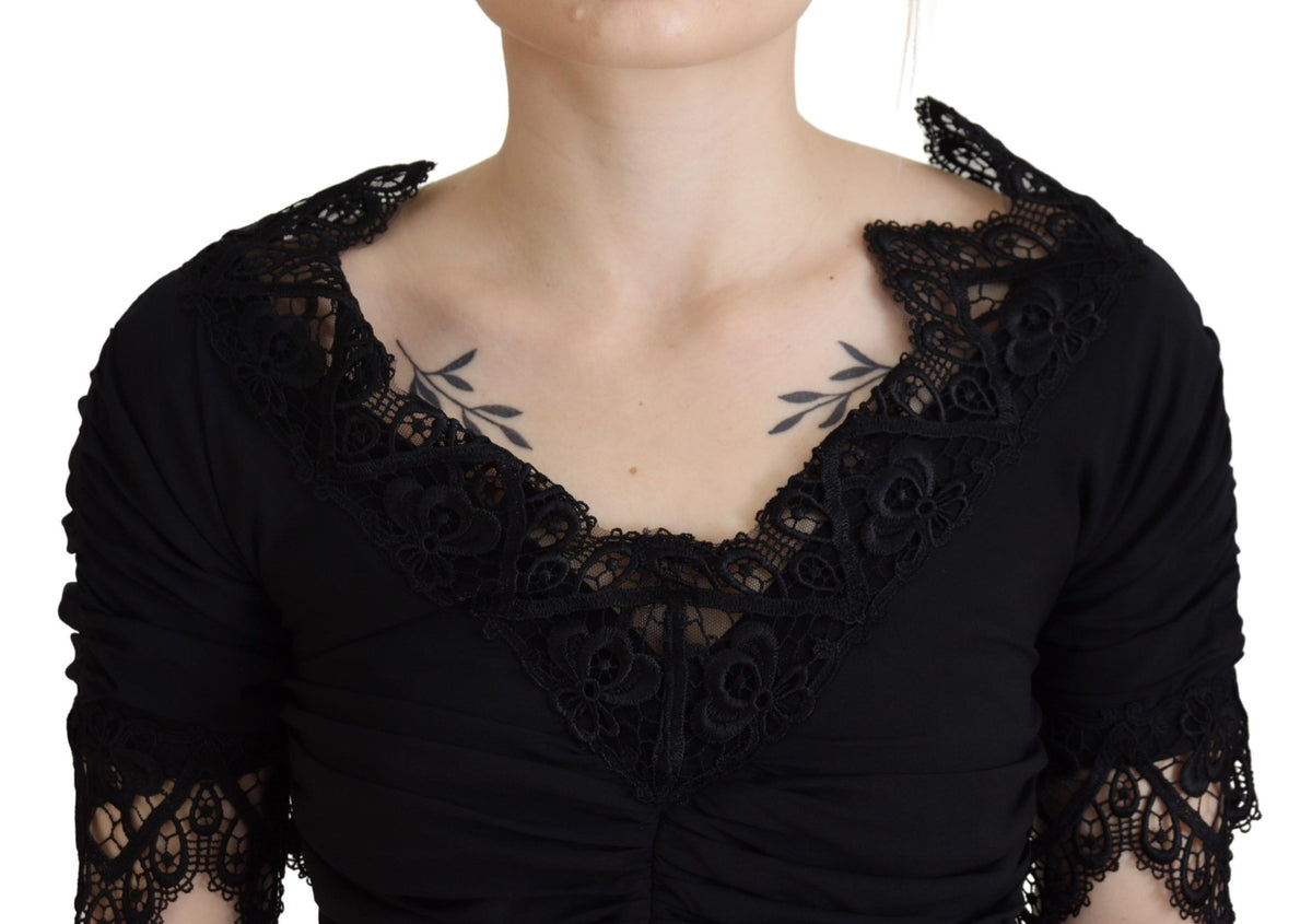 Dolce & Gabbana Schwarzes Midi-Bodycon-Kleid aus Seide mit Spitze