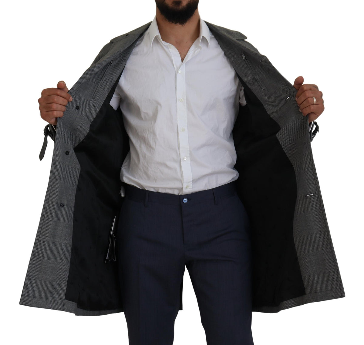 Dolce & Gabbana Grauer Wollmantel kariert langer Trenchcoat Jacke Trenchcoat Jacke