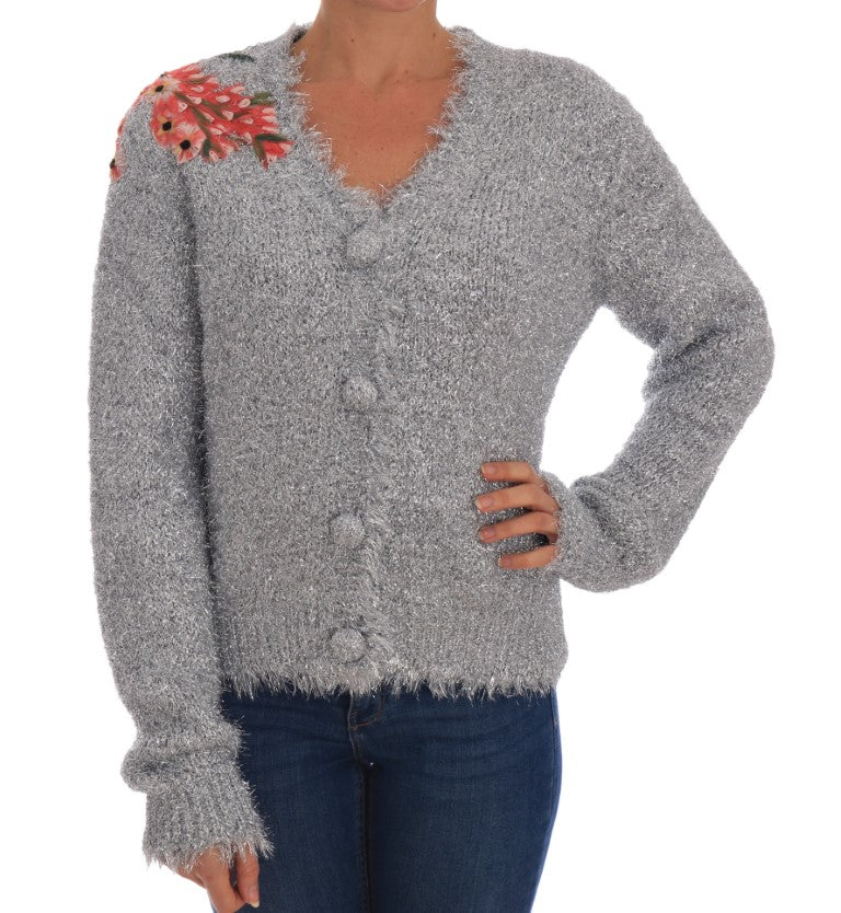 Dolce & Gabbana Silberne Strickjacke mit Blumenapplikation Pullover