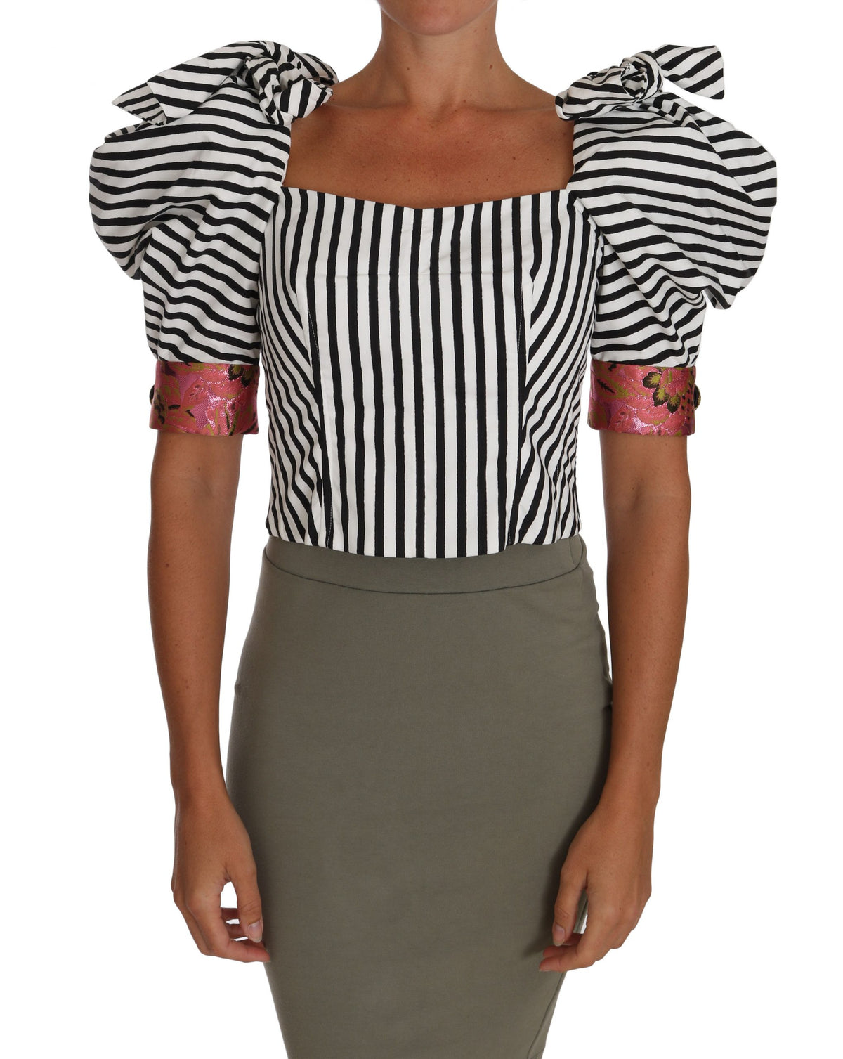 Dolce & Gabbana Weiß Schwarz Gestreiftes Cropped Top Puffärmel Hemden