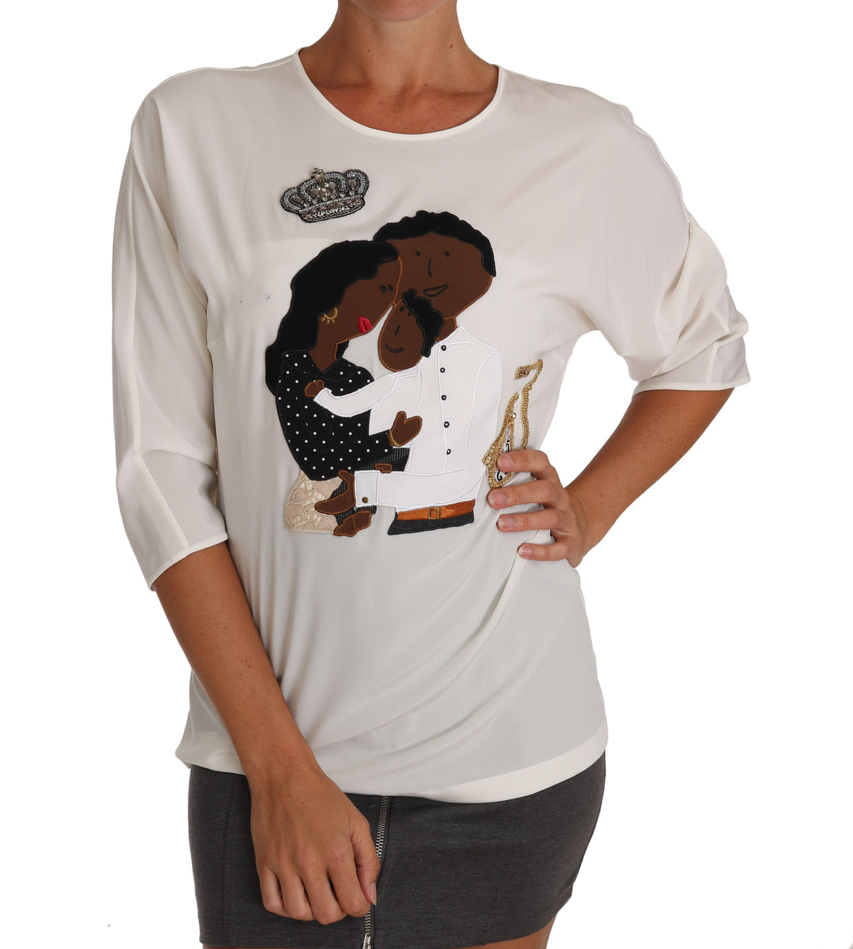 Dolce & Gabbana Weißes Seiden-T-Shirt #dgfamily Crystal