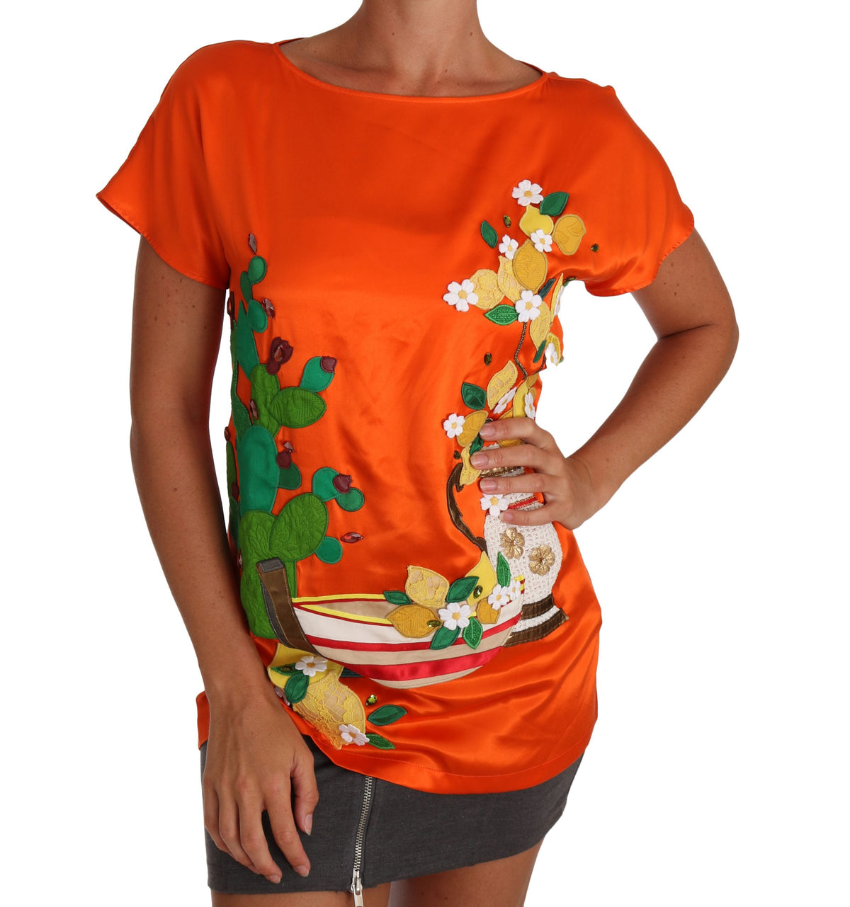 Dolce & Gabbana Seide Orange Zitrone Kristall-T-Shirt Top