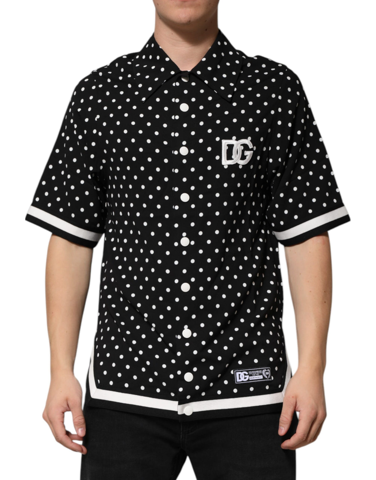 Dolce & Gabbana Schwarzes gepunktetes Polo-T-Shirt mit kurzen Ärmeln und Kragen