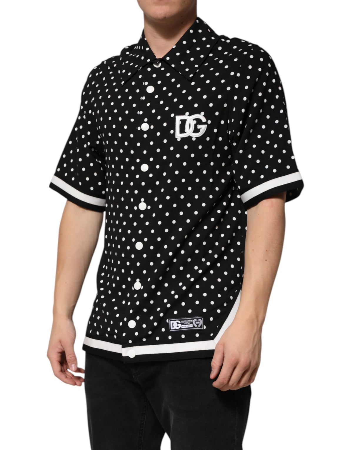 Dolce & Gabbana Schwarzes gepunktetes Polo-T-Shirt mit kurzen Ärmeln und Kragen