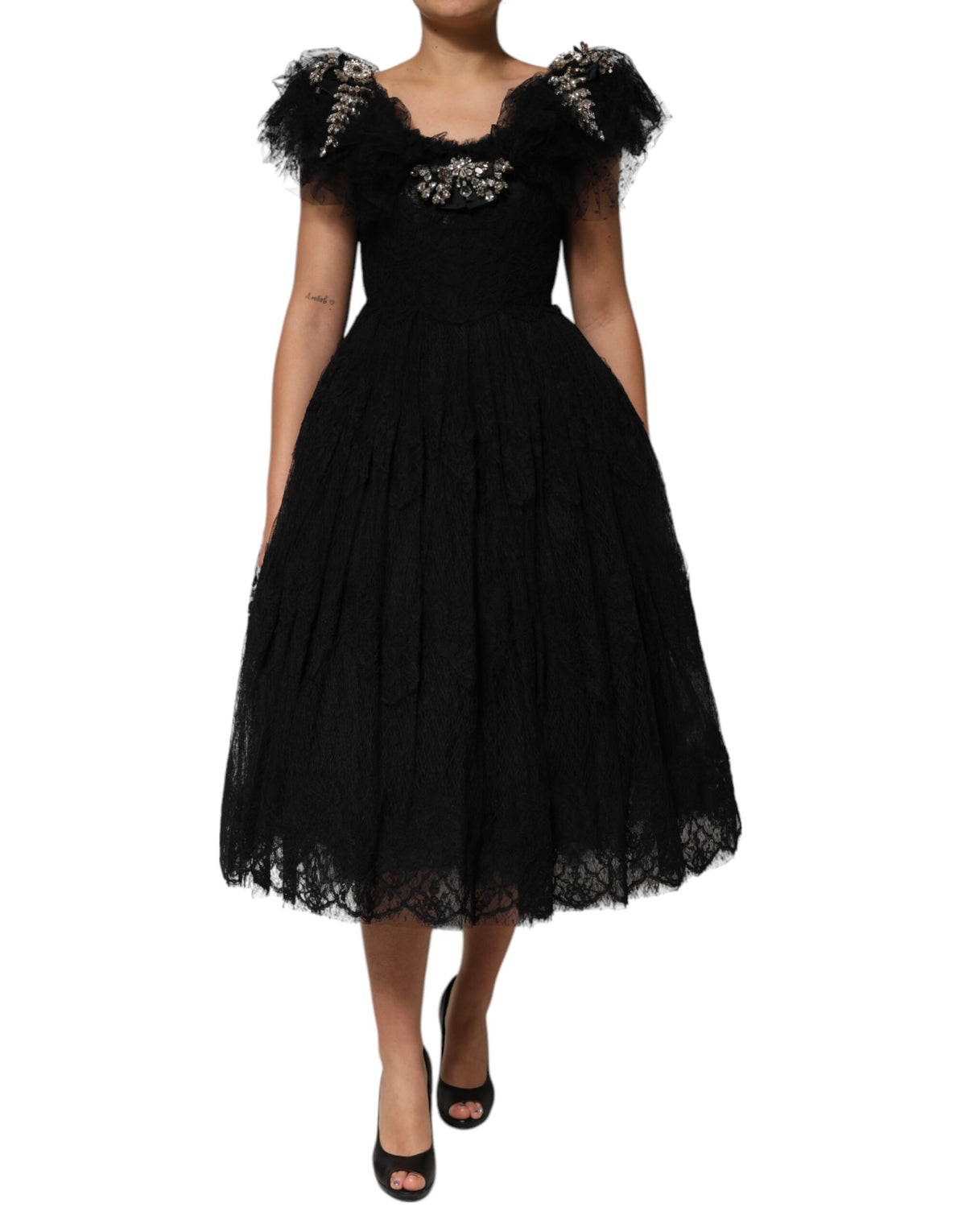 Dolce & Gabbana Schwarzes kristallverziertes Midi Kleid in A-Linie