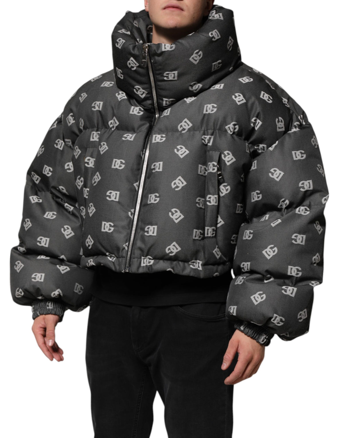 Dolce & Gabbana Schwarze DG Monogram Full Zip Pufferjacke für Männer