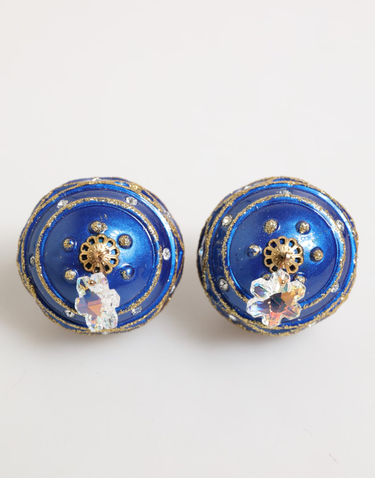 Dolce & Gabbana Gold Messing Blau Weihnachten Kugel Kristall Tropfen Clip auf Ohrringe