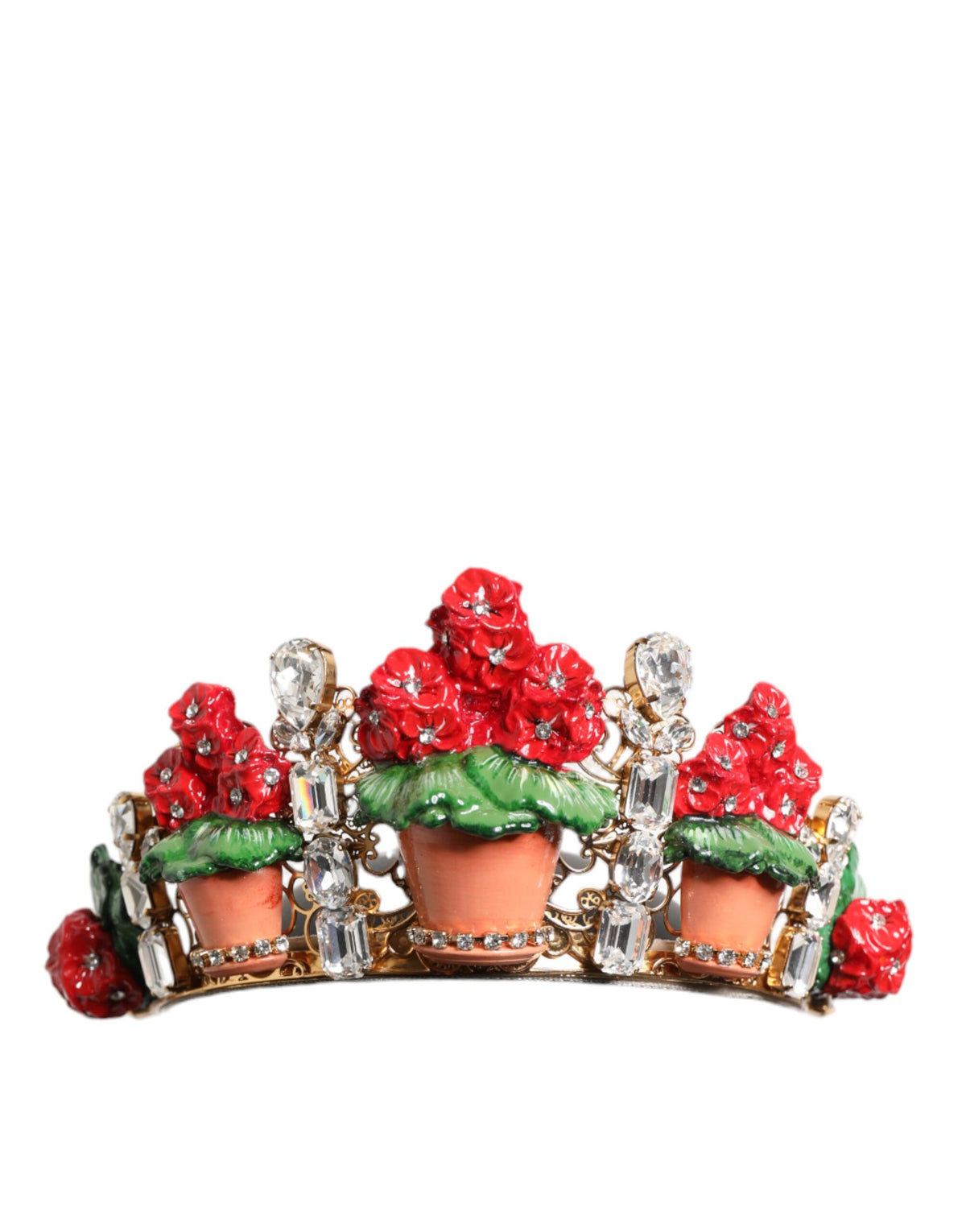 Dolce & Gabbana Rote Blume Blumentopf Kristall Gold Krone Tiara Stirnband