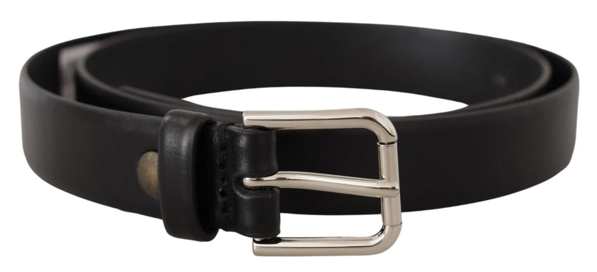 Dolce & Gabbana Schwarzes Kalbsleder Silberfarbene Logoschnalle Gürtel