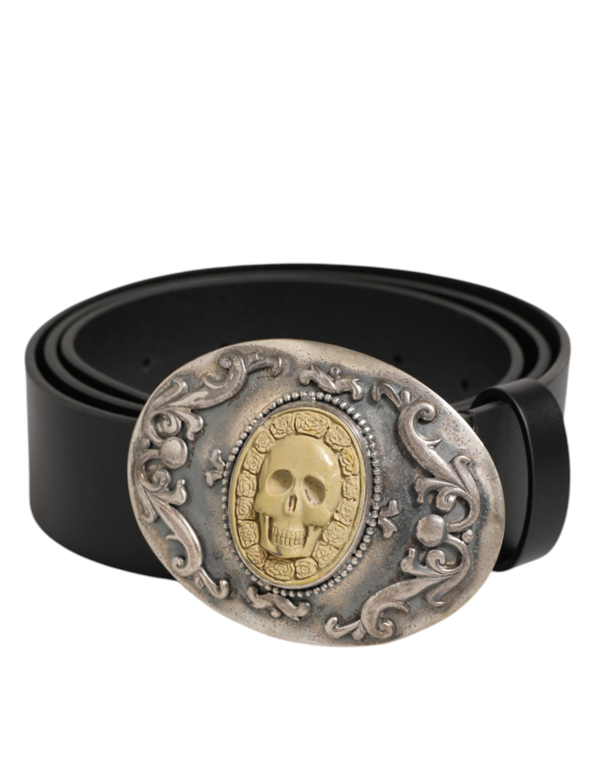 Dolce & Gabbana Schwarzer Ledergürtel mit verschnörkelter Metallschnalle für Männer
