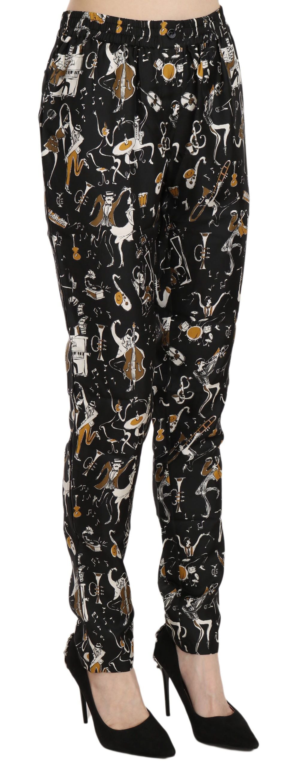 Dolce & Gabbana Schwarze Jazz Club Print Tapered Pants mit hoher Taille
