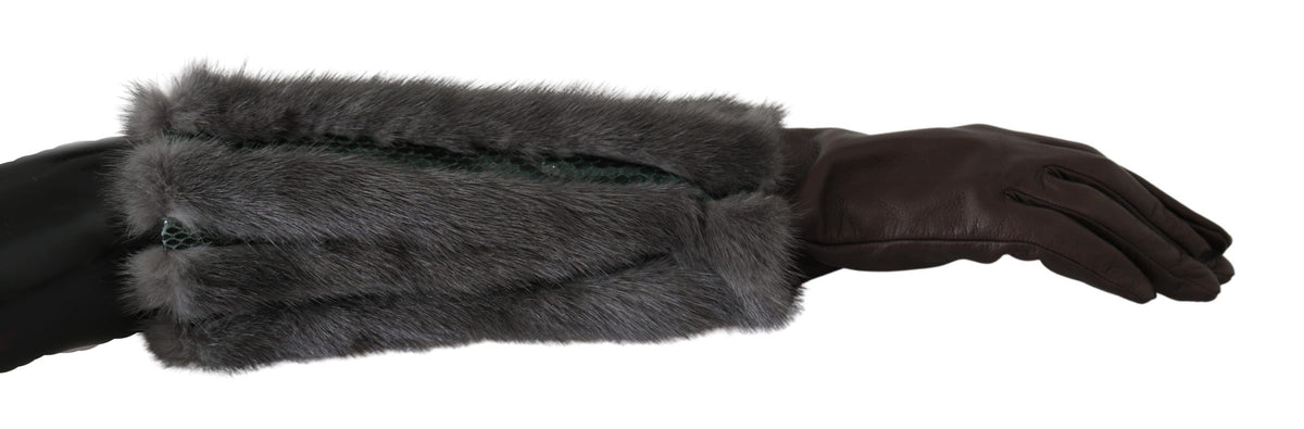 Dolce & Gabbana Braune Leder-Fellhandschuhe mittlerer Armlänge