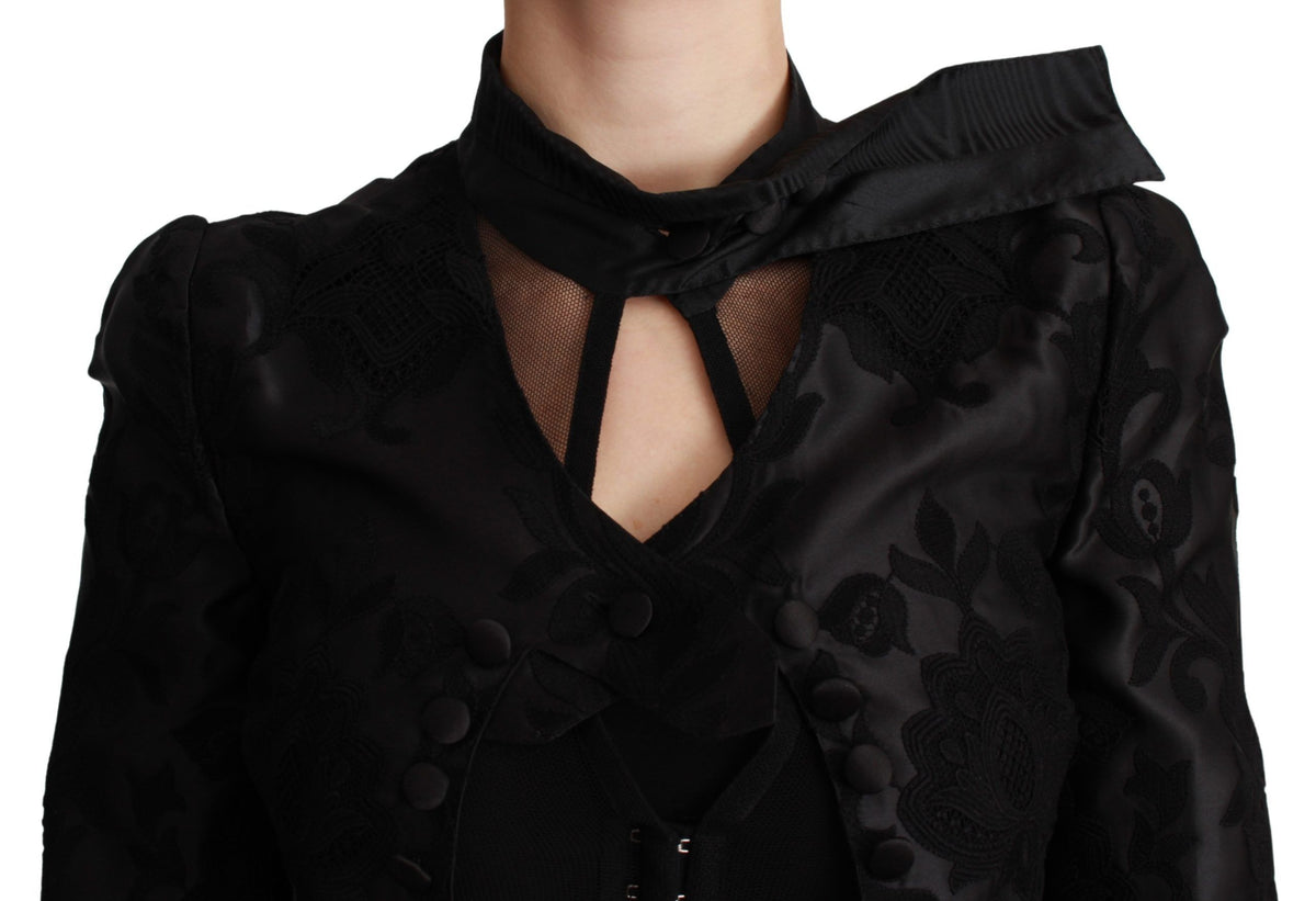 Dolce & Gabbana Schwarzer Jacquard-Blazer mit Blumenmuster Seidenjacke