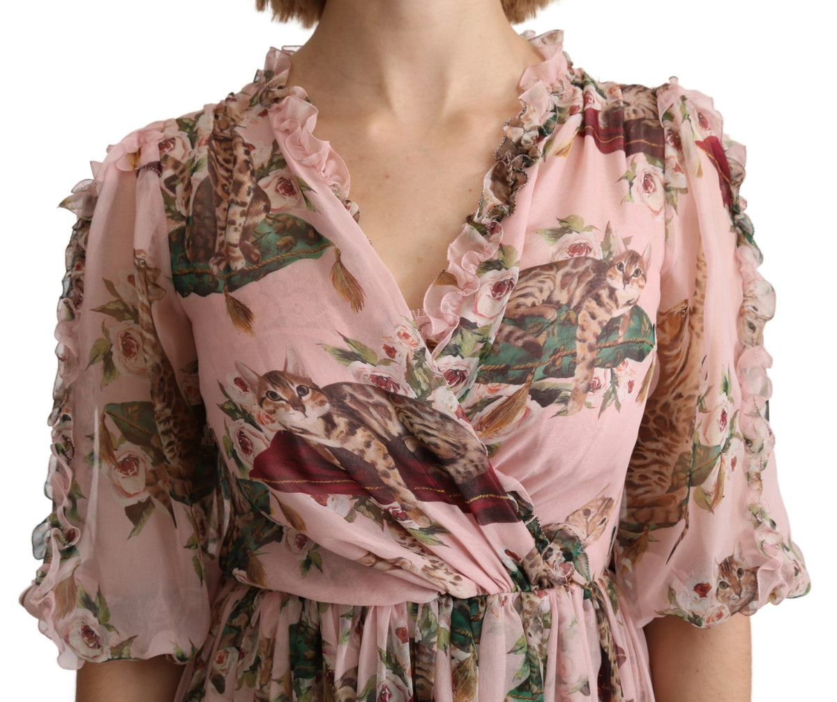 Dolce & Gabbana Rosa Bengalische Katze A-Linien-Maxi-Kleid aus Seide