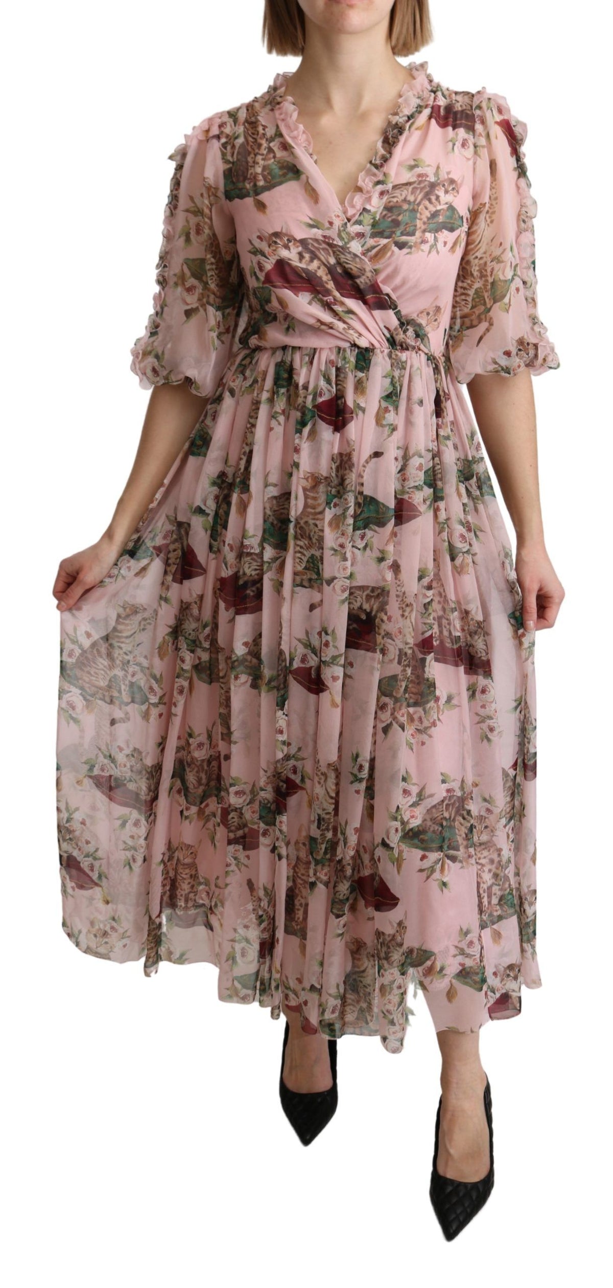 Dolce & Gabbana Rosa Bengalische Katze A-Linien-Maxi-Kleid aus Seide