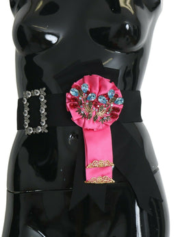Dolce & Gabbana Schwarz Rosa Blume Brosche Kristalle Baumwollgürtel