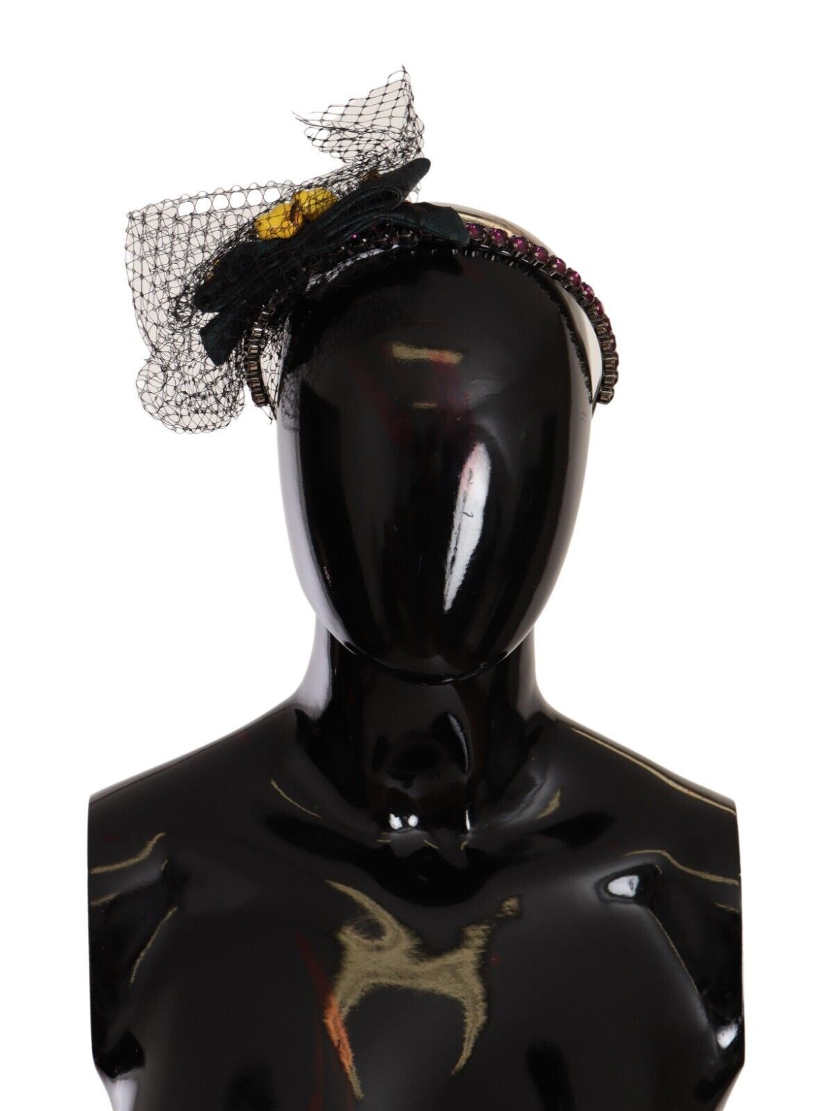 Dolce & Gabbana Silber Tiara Kristalle Früchte Schwarz Mesh Diadem Stirnband