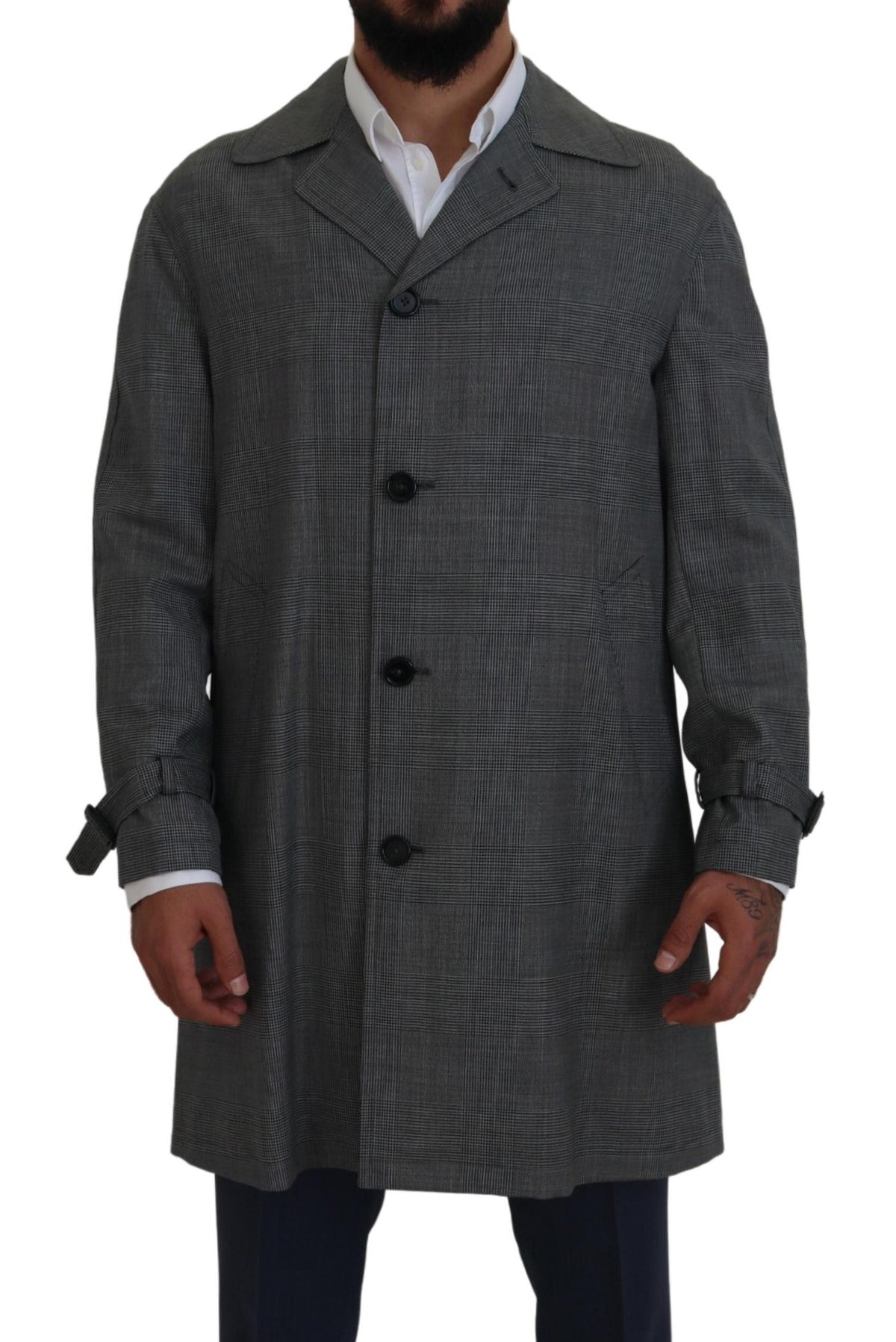 Dolce & Gabbana Grauer Wollmantel kariert langer Trenchcoat Jacke Trenchcoat Jacke