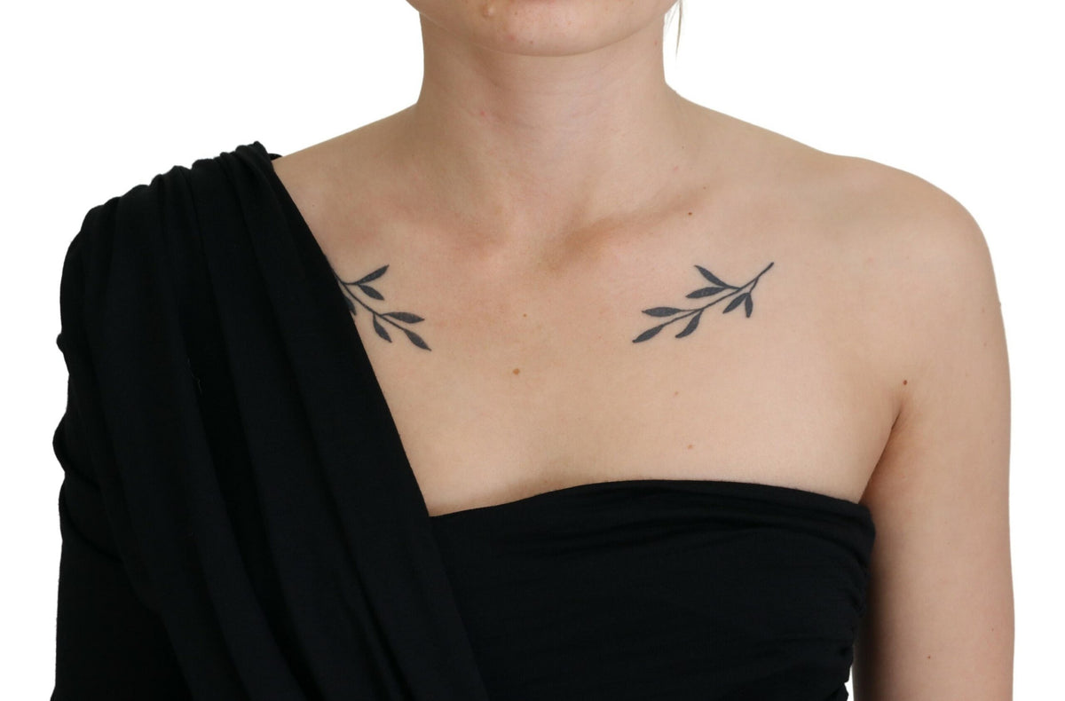 Dolce & Gabbana Schwarzes Wickelmantelkleid mit einer Schulter aus Wolle