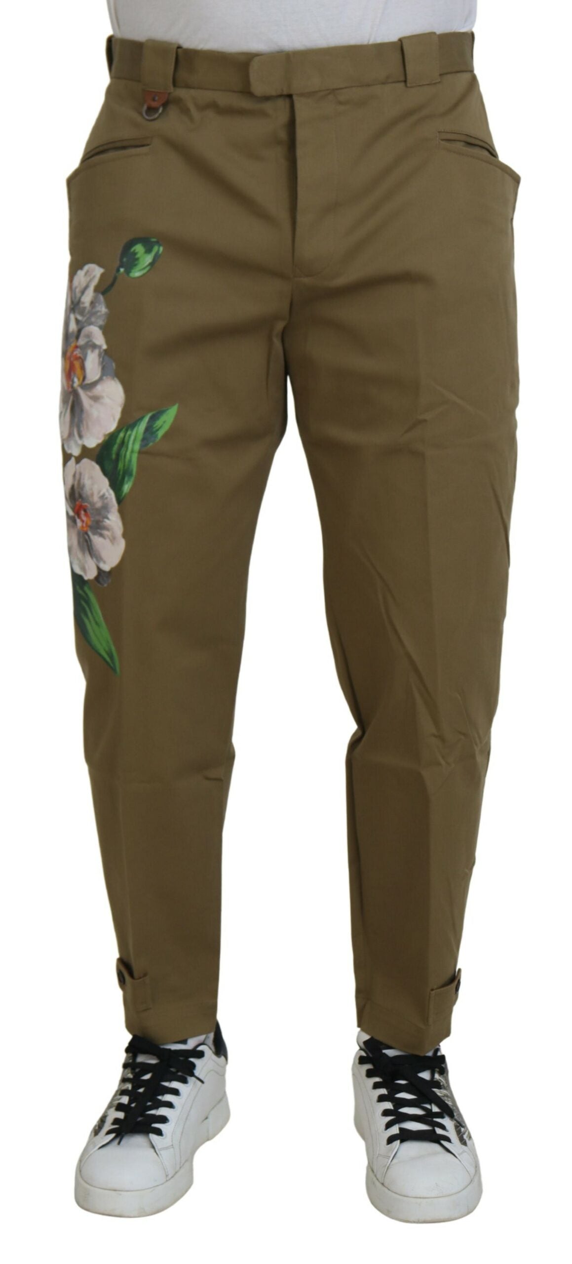 Dolce & Gabbana Beigefarbene Stretch-Chinohose aus Baumwolle mit Blumenmuster