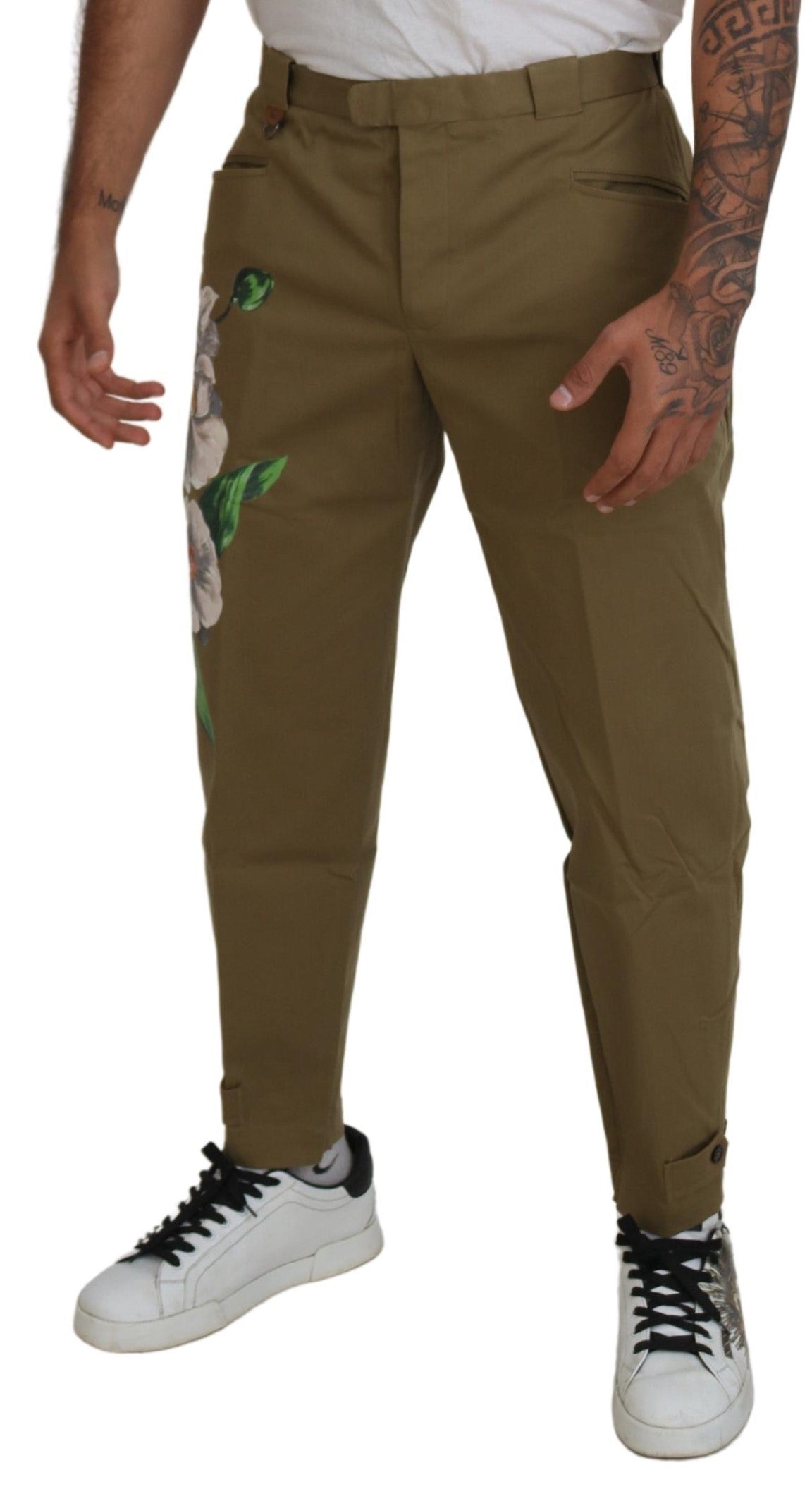 Dolce & Gabbana Beigefarbene Stretch-Chinohose aus Baumwolle mit Blumenmuster
