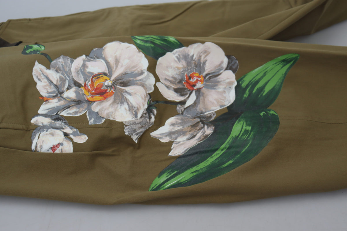 Dolce & Gabbana Beigefarbene Stretch-Chinohose aus Baumwolle mit Blumenmuster
