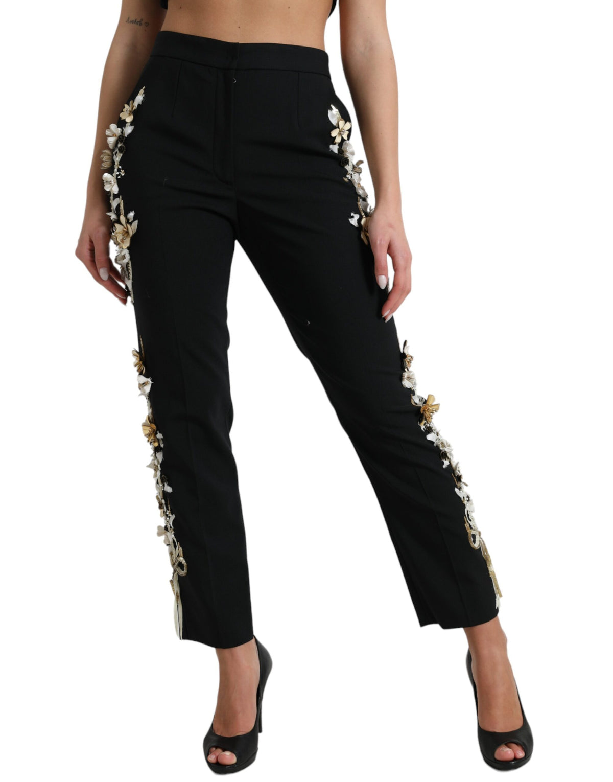 Dolce & Gabbana Schwarze Hose mit Blumenapplikation und hoher Taille, konisch zulaufend