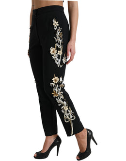Dolce & Gabbana Schwarze Hose mit Blumenapplikation und hoher Taille, konisch zulaufend