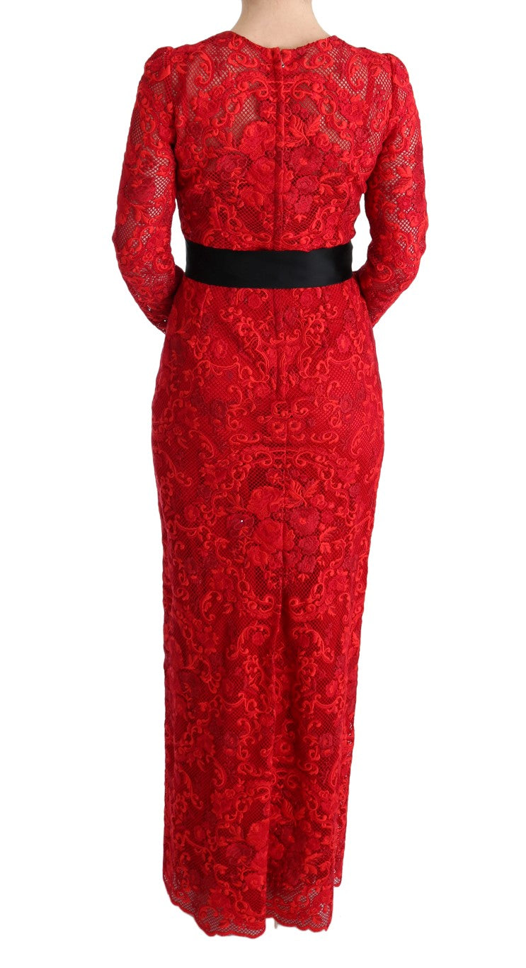 Dolce & Gabbana Rotes geblümtes langes Ricamo Etuikleid