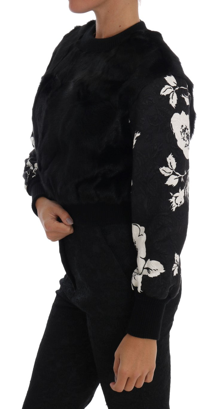 Dolce & Gabbana Schwarzer Pelz Floral Brokat Zipper Pullover