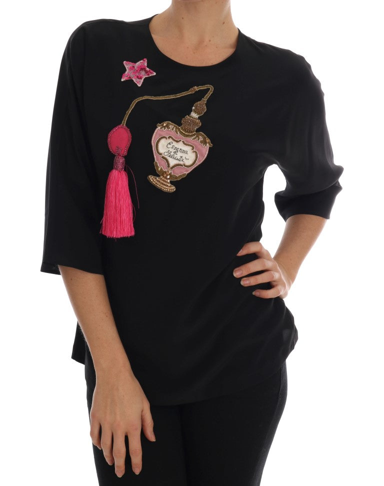 Dolce & Gabbana Schwarzes Seiden-Märchen-Top Kristallbluse