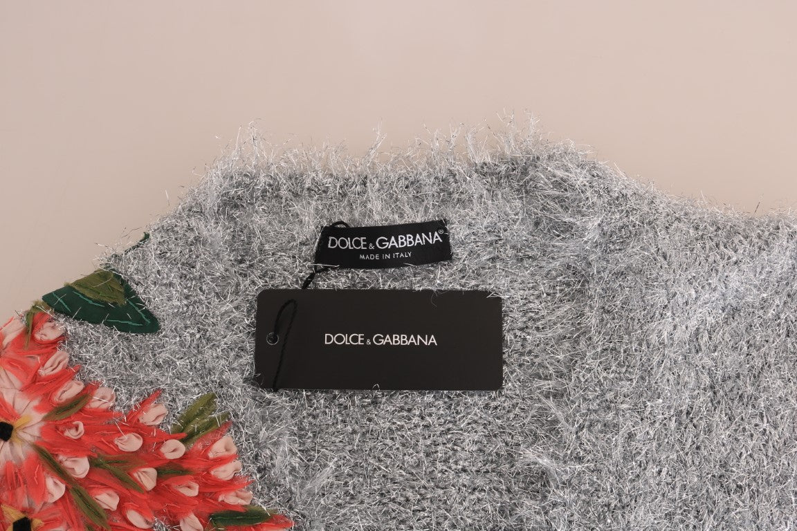 Dolce & Gabbana Silberne Strickjacke mit Blumenapplikation Pullover