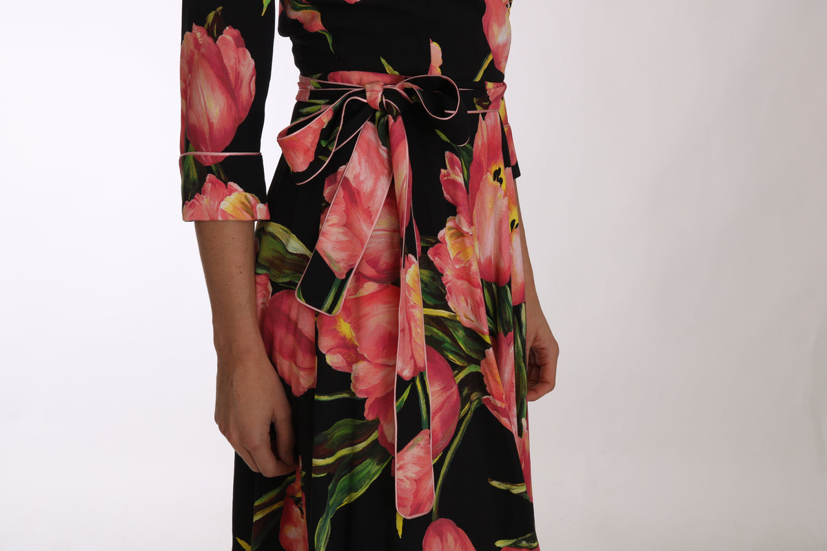 Dolce & Gabbana Schwarz-rosa Tulpenprint Stretch-Shiftkleid