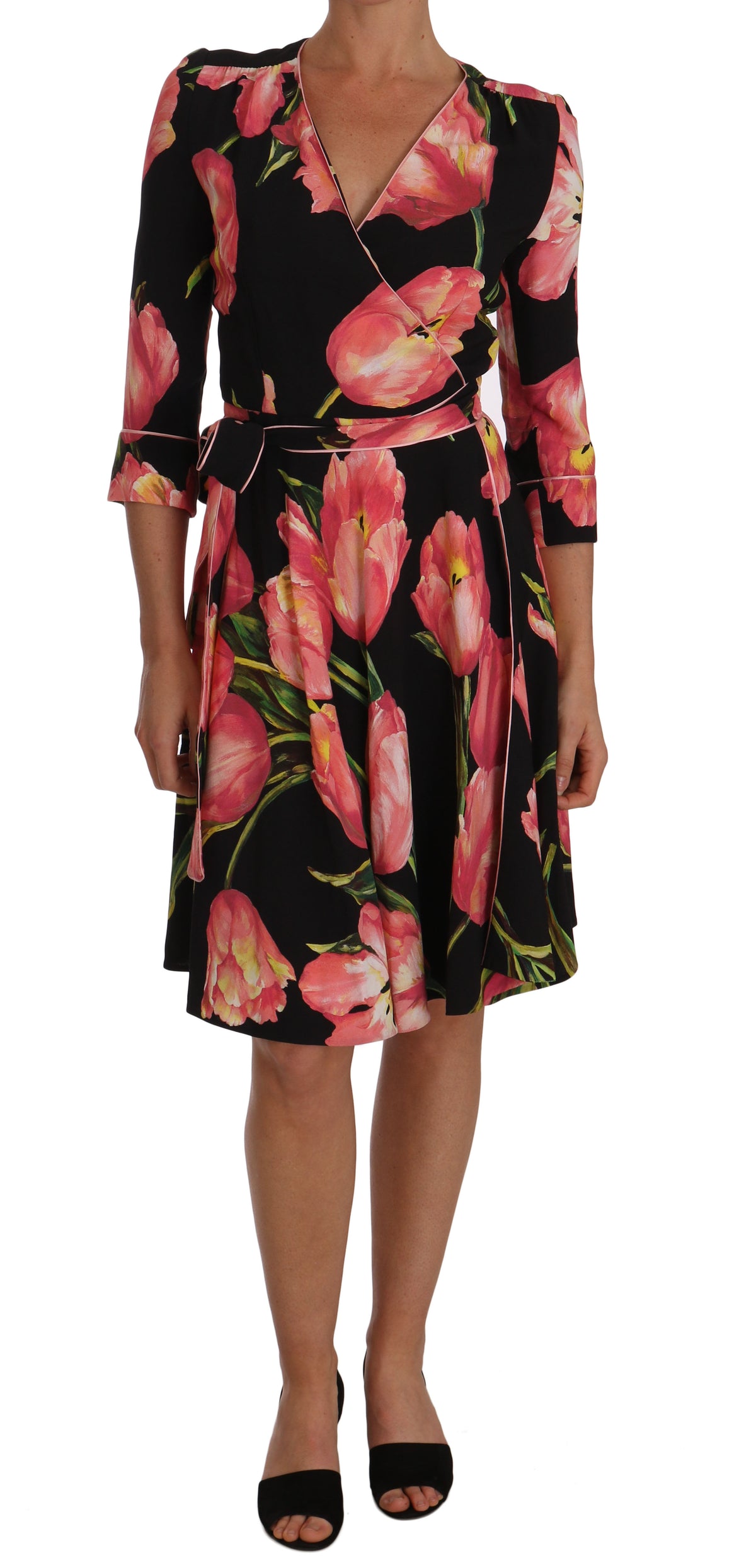 Dolce & Gabbana Schwarz-rosa Tulpenprint Stretch-Shiftkleid