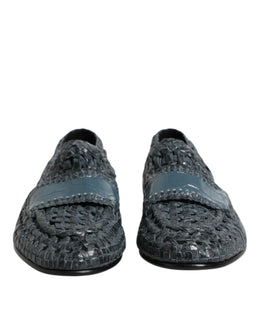 Dolce & Gabbana Blaue gewebte Leder Slipper Schuhe
