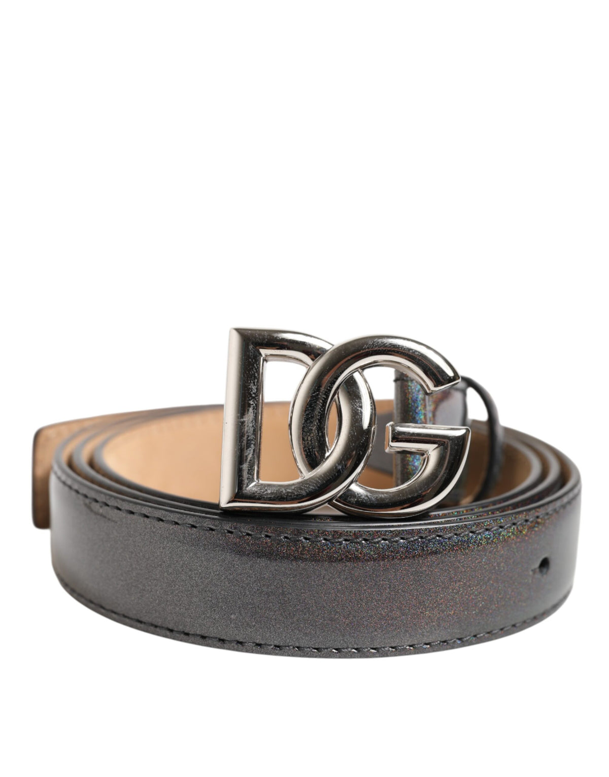 Dolce & Gabbana Metallischer Leder Gürtel mit silberfarbener Logoschnalle