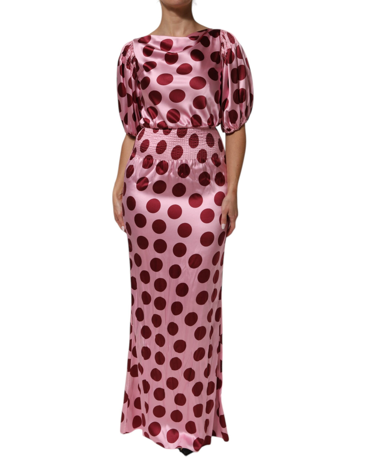 Dolce & Gabbana Rosa-rot gepunktetes Seiden-Satin-Maxi-Kleid