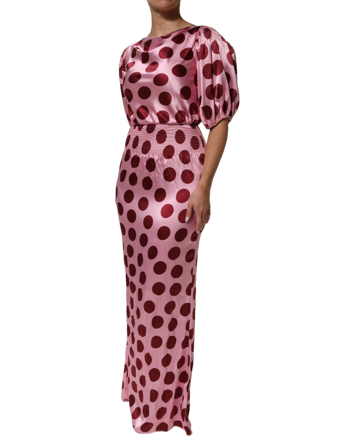 Dolce & Gabbana Rosa-rot gepunktetes Seiden-Satin-Maxi-Kleid