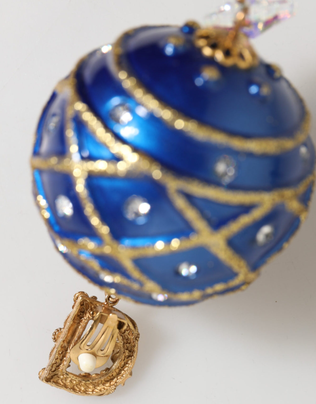 Dolce & Gabbana Gold Messing Blau Weihnachten Kugel Kristall Tropfen Clip auf Ohrringe