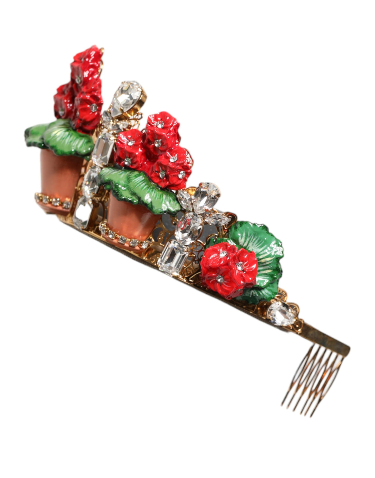 Dolce & Gabbana Rote Blume Blumentopf Kristall Gold Krone Tiara Stirnband